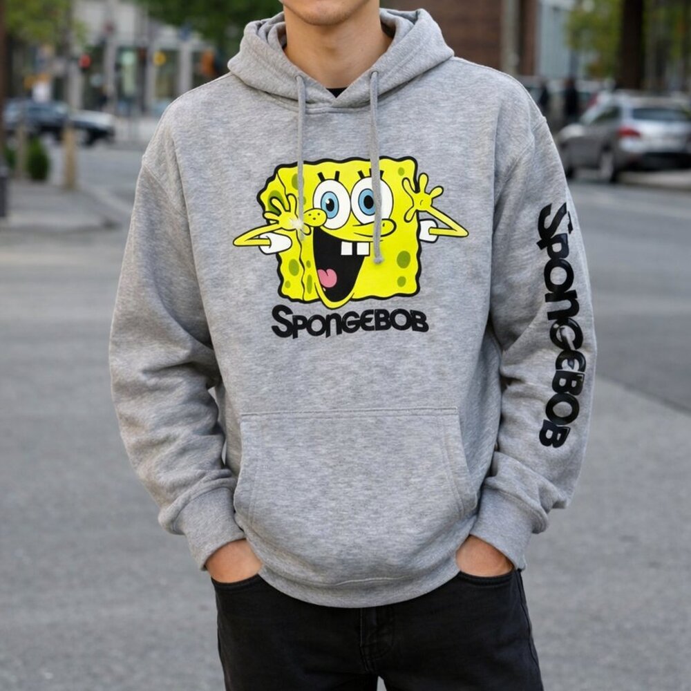 Blunotes SpongeBob Graphic Hoodie Size S Grey Cartoon Pullover Sweatshirt